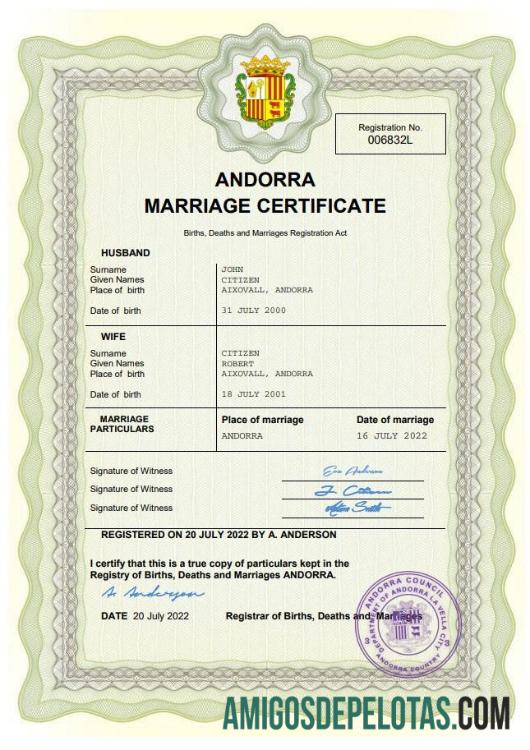 Imprimível modelo Word e PDF de certidão de casamento de Andorra